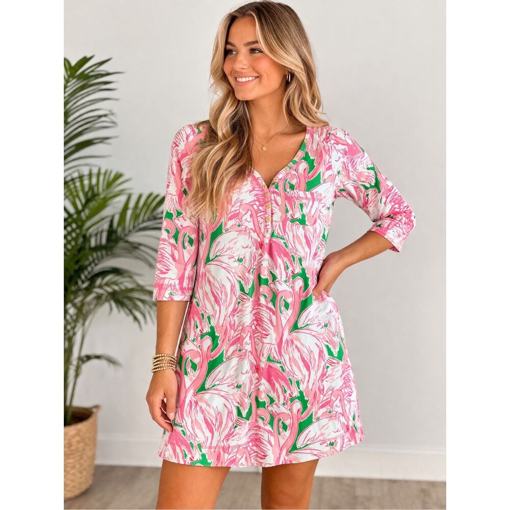 Lilly Pulitzer Flamingo Print Shift Dress XS Pink Green Pima Cotton
